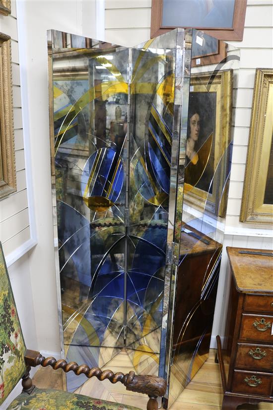 A pair of Art Deco style mirrored glass three fold dressing screens W.153cm